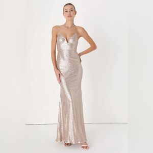 NWT LULUS SIZE M Spectacular Moment Rose Gold‎ Mermaid Maxi Dress SEQUINS GOWN